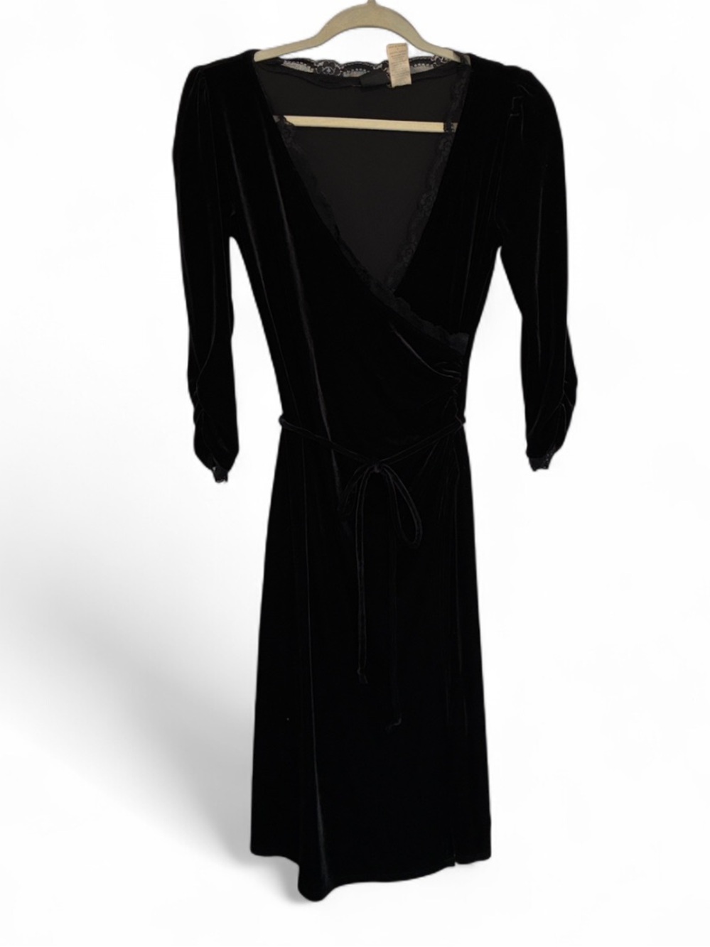 Y2K Black Velvet Lace Trim Faux Wrap Dress